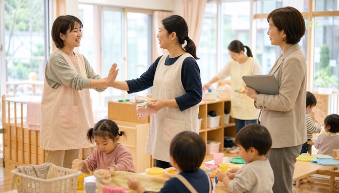 職員同士で業務を引き継ぎ支え合う保育士チーム