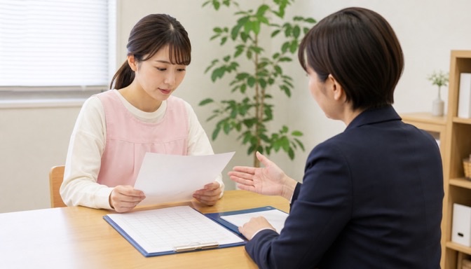 労働条件の書類を専門家と確認する保育士