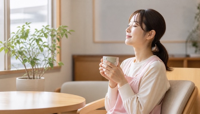 休憩中にお茶を飲み心を整える保育士
