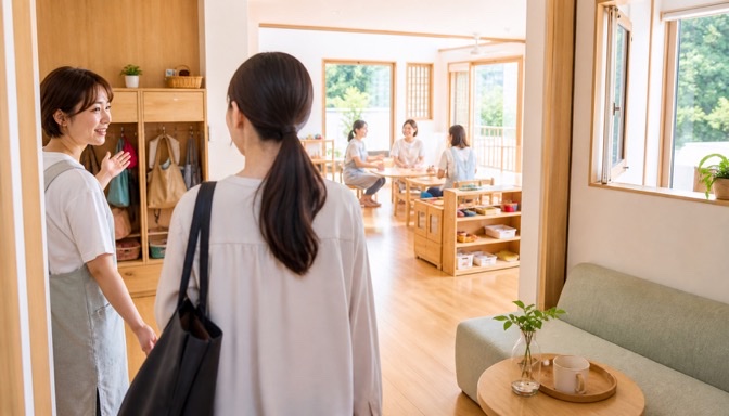 働きやすい保育園の環境を見学する求職者