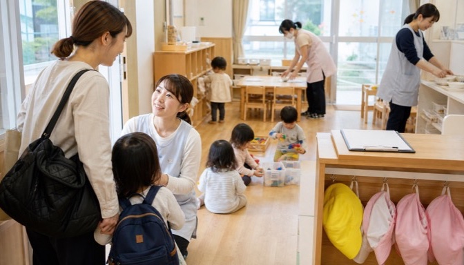 登園対応と保育準備を進める保育士たち