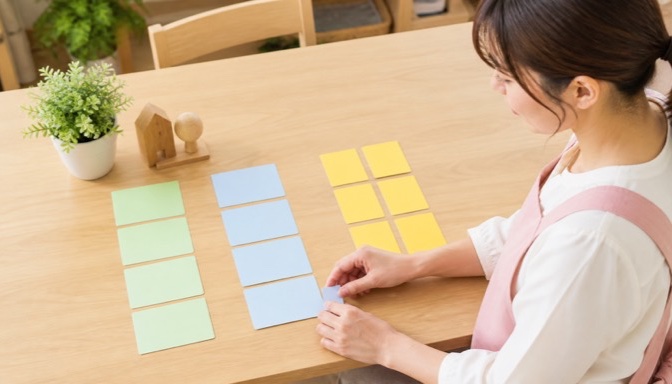色分けしたカードで強みと目標を整理する保育士