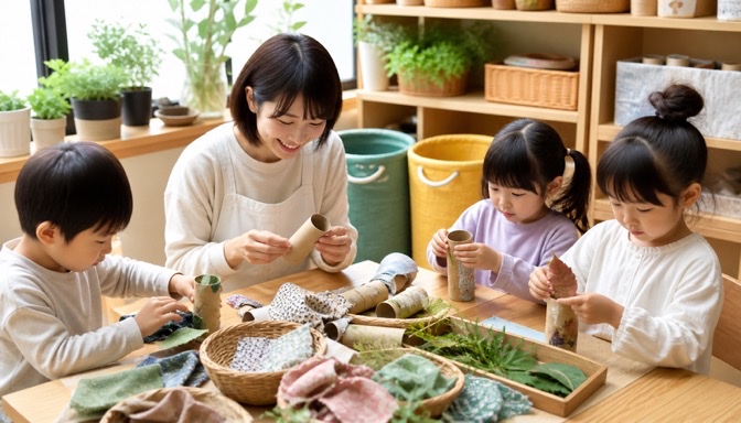 再利用素材を使って工作を楽しむ子どもたち