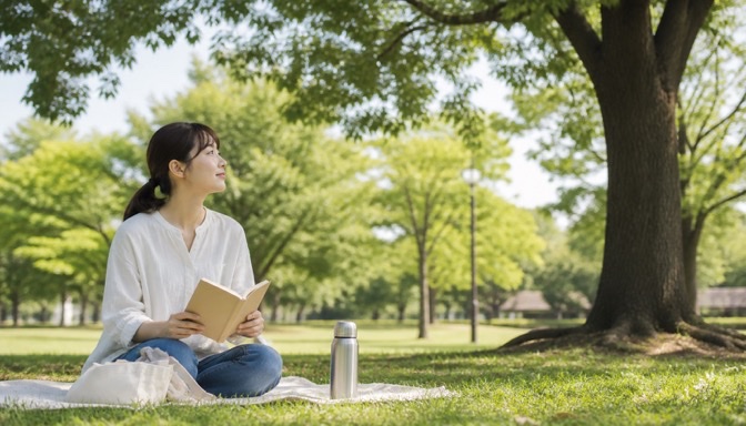休日に公園でゆっくり過ごす保育士