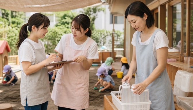 園庭で連携しながら子どもを見守る保育士たち