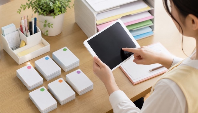 タブレットと整理カードで事務作業を効率化する保育士