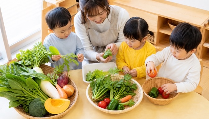 季節の野菜に触れる食育活動を楽しむ子どもたち