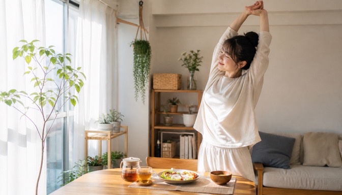 自宅でセルフケアを行う保育士