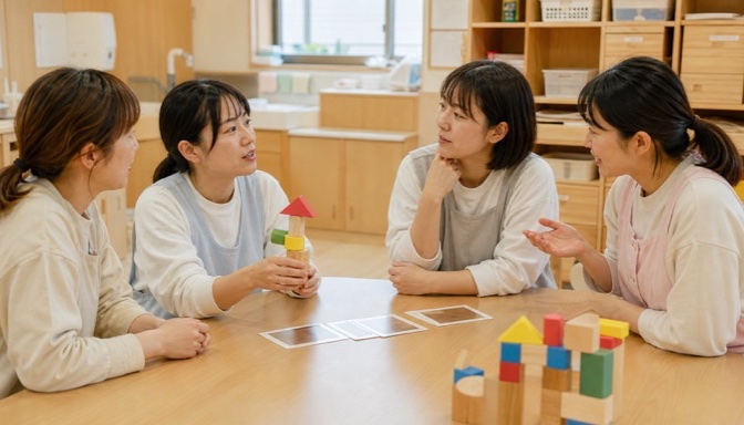 子どもの遊びの観察を共有する保育士たち