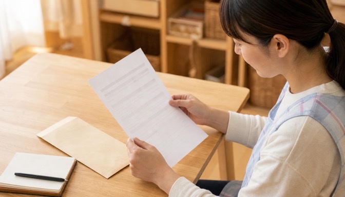 給与明細を確認しながら働き方を振り返る保育士
