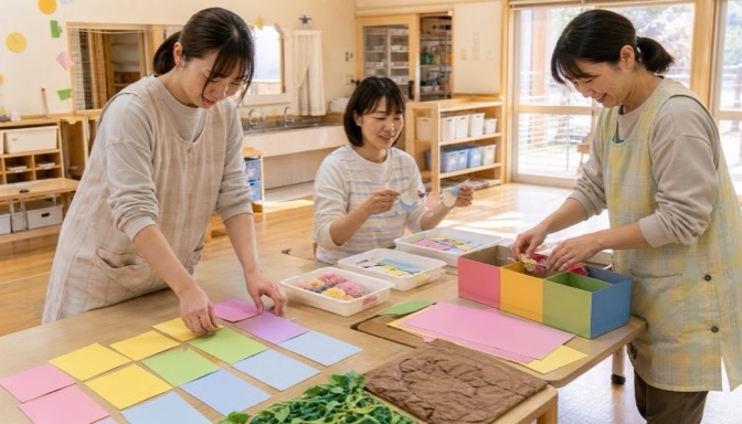 色分けしたタスクカードと制作物で行事準備を分担する保育士たち