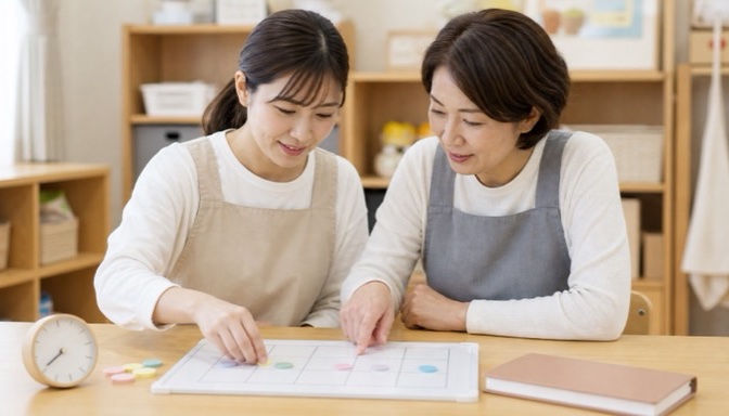 勤務スタイルについて週間ボードを見ながら相談する二人の保育士