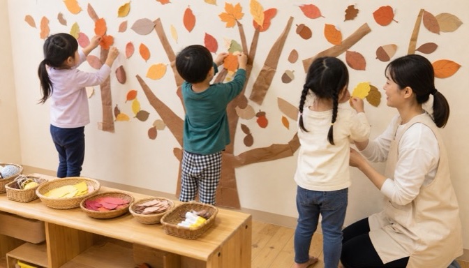 秋の葉をテーマにした壁面装飾を子どもたちと作る保育士