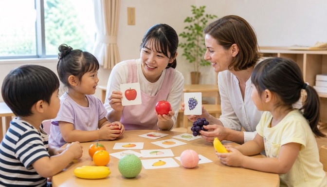 英語を交えて果物遊びを行う保育士と子どもたち
