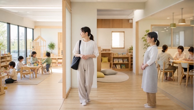 自分に合う保育園の環境を見学する求職者