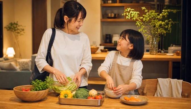 帰宅後に子どもと夕食を準備する保育士の母親
