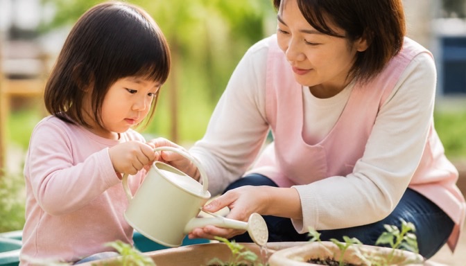 子どもと一緒に植物へ水やりをする保育士