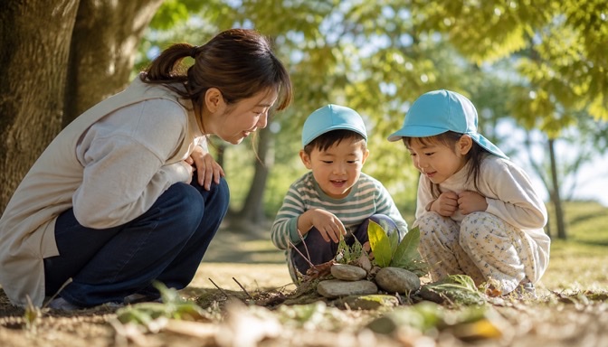 子どもたちの自然遊びに寄り添う保育士