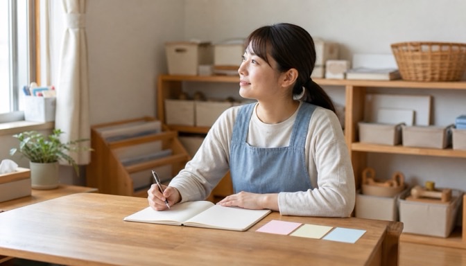 一日の仕事をノートで振り返る保育士