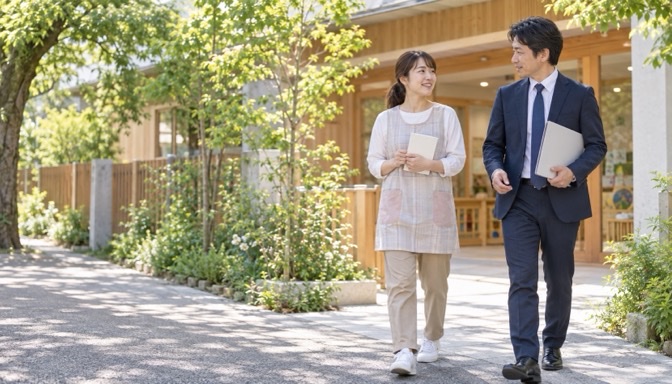 保育園の見学後に転職エージェントと話す女性保育士