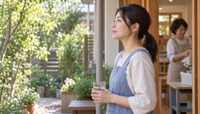園庭を眺めて深呼吸し気持ちを整える女性保育士