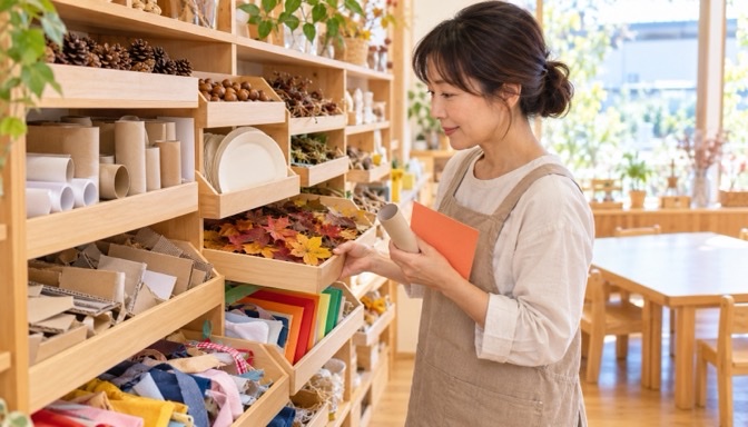 落ち葉や廃材から製作あそびのアイデアを考える女性保育士