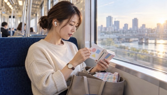 通勤電車でカード教材を使って資格学習をする保育士