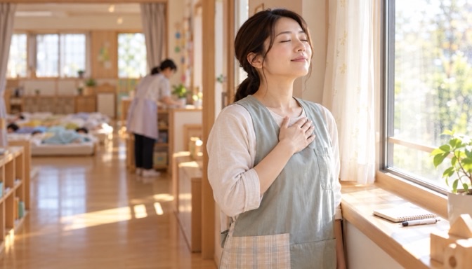 午睡中の保育室の窓辺で深呼吸し、気持ちを整える保育士