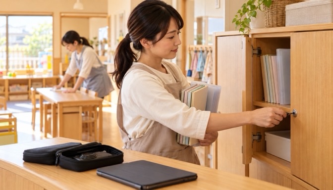 連絡帳を鍵付き棚へ保管し、共有端末を閉じて管理する保育士