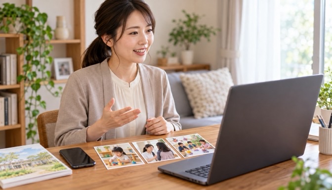 保育の経験写真を振り返りながらオンライン面接の練習をする保育士