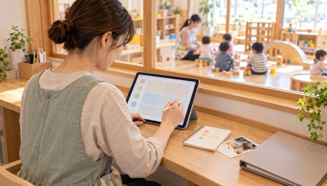 保育室を見守りながらタブレットで記録をまとめる保育士