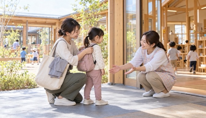 職員向け保育制度を活用し、自分の子どもを園に送り届ける保育士