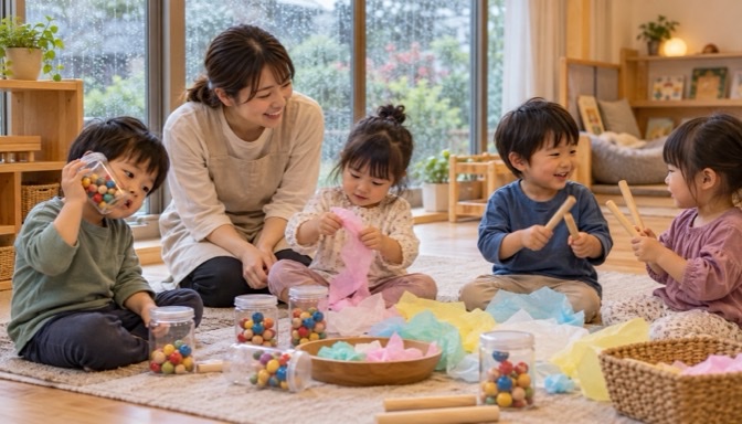 雨の日の保育室で手作り楽器や紙の感触を楽しむ子どもたち