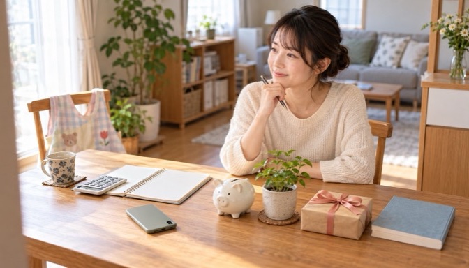 自宅で賞与の使い道を計画する保育士