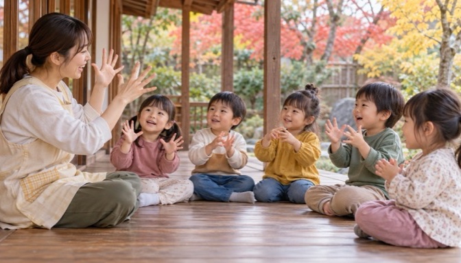 秋のテラスで子どもたちと手遊びを楽しむ保育士